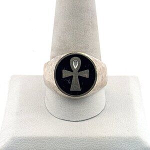 Estate Sterling Silver 925 Men’s Ankh Cross Ring Black Enamel Size 5, 15.9g